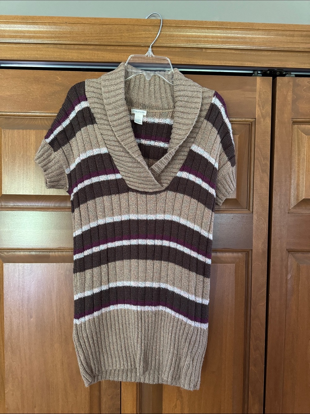 Maurices Ribbed Shawl Collar Short-Sleeve Sweater - Beige, Brown & Purple